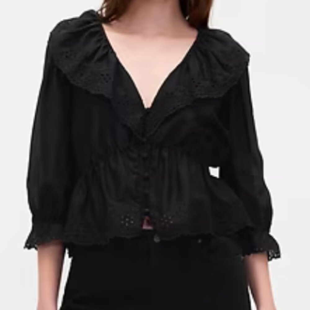 GAP Black Ruffle Collar V-Neck Top - Picture 2 of 4